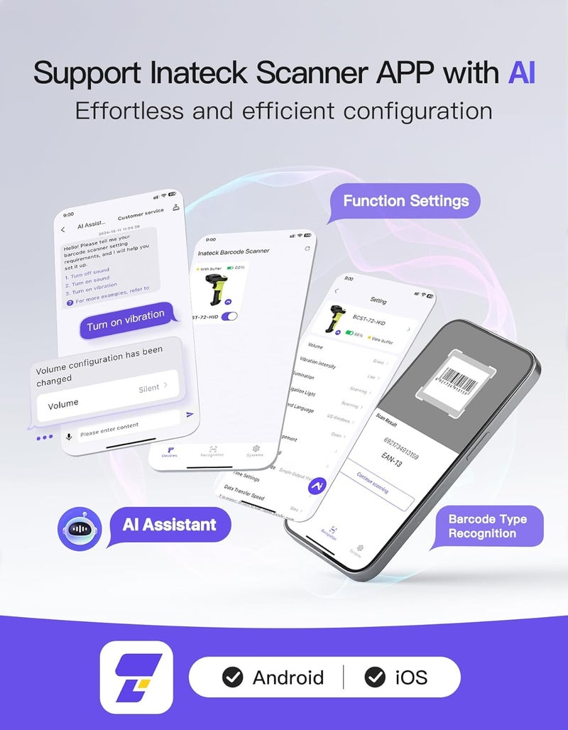 Inateck 2D Barcode Scanner, Wireless Bluetooth QR Code Scanner with AI APP & SDK, 180-Day Battery Life, Fast & Accurate Scanning, Compatible with iOS/Android/Windows - Image 5